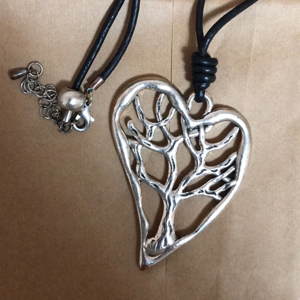 Tree of Life Silver Tone Heart Shape Pendant on Leather Rope